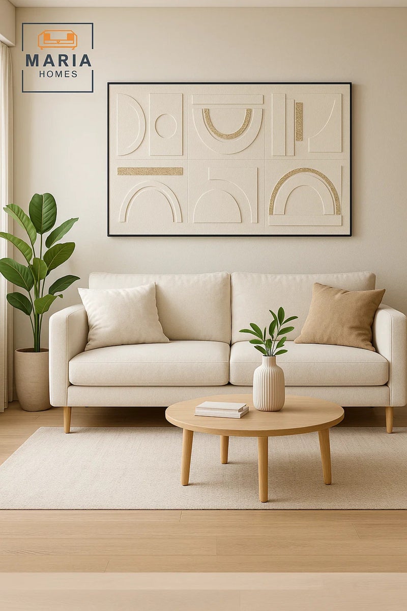 ماريا هومز فن الجدران الهندسي الفاخر 150×100 | قماش حديث ذو ملمس | الديكور الأبيض البسيط - Image 1
